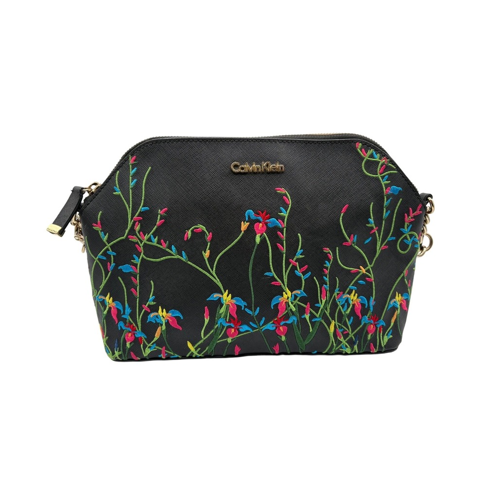 Calvin Klein Crossbody Bag Womens Medium Black Excellent Floral Embroidered Dome